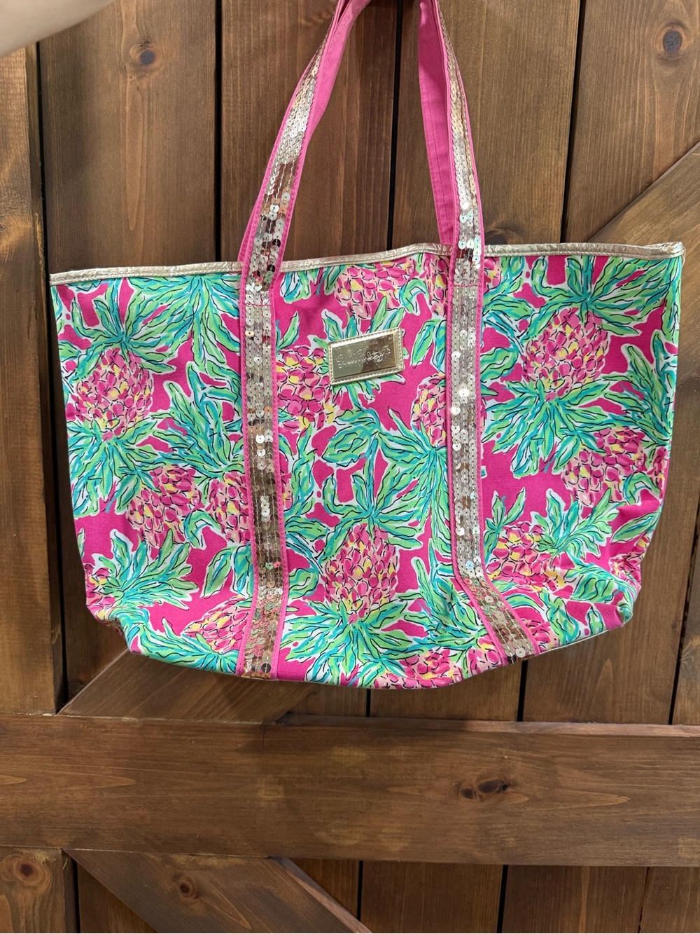 Lilly Pulitzer Pink Pineapple Print Tote with Sequin Trim